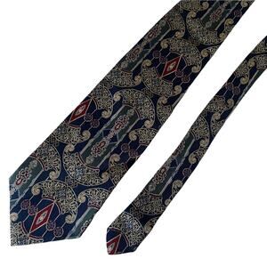 Bill Blass SIlk Tie Ornate Baroque Filigree Made in USA Navy Gold Red EUC